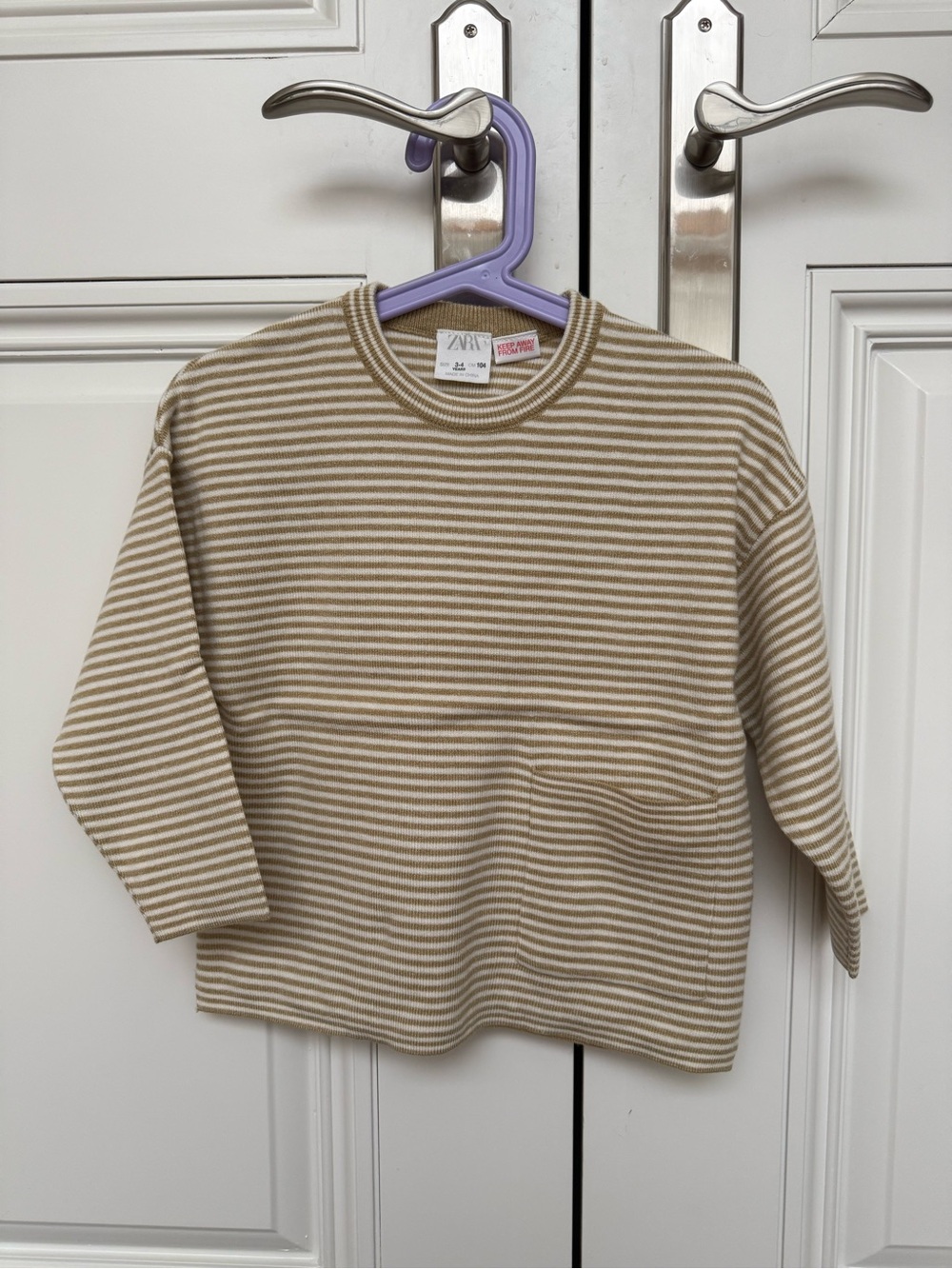 New Zara Kids Beige & White Striped Long Sleeve Top